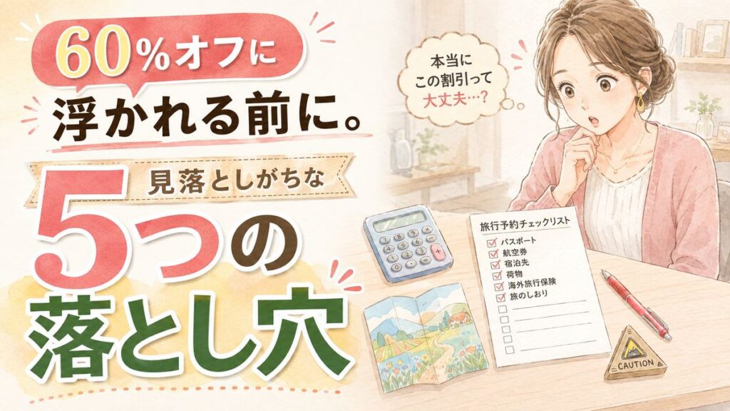 九州ふっこう応援割の注意点をチェックする女性、注意マークとメモ帳