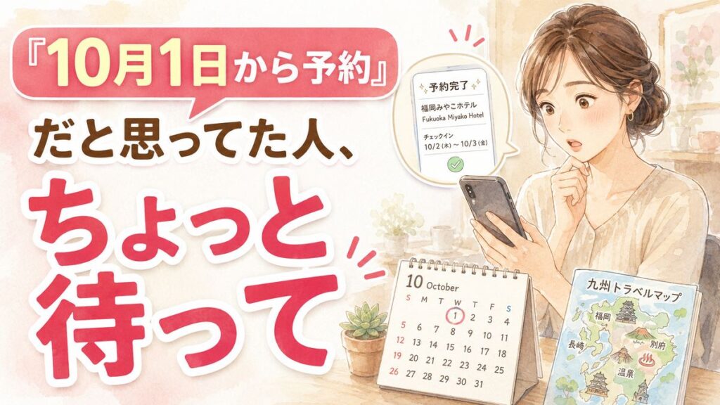 九州ふっこう応援割はいつから予約かを調べる女性とカレンダー、旅行の計画メモ