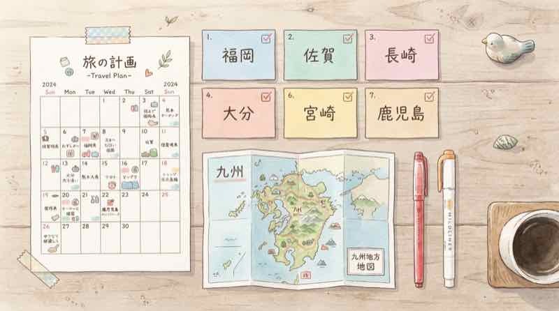 九州ふっこう応援割の予約開始日をカレンダーで確認する女性、7県のスケジュール表