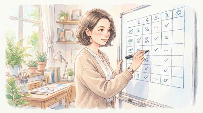 九州7県の予約開始日を一覧表で管理する女性、九州ふっこう応援割のスケジュール