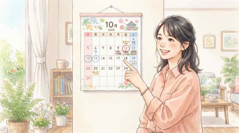 10月1日と予約開始日の違いをカレンダーで整理する女性、九州ふっこう応援割