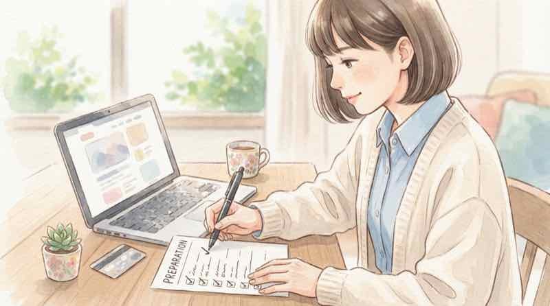 予約開始日の発表を受けて予約準備を進める女性、九州ふっこう応援割のチェックリスト