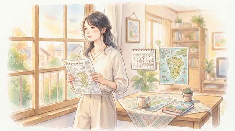 九州ふっこう応援割の予約開始を前向きに待つ女性、カレンダーと旅行の計画メモ