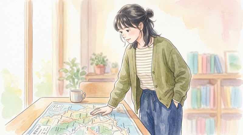 地図を見ながら目標都市を検討する様子のイラスト