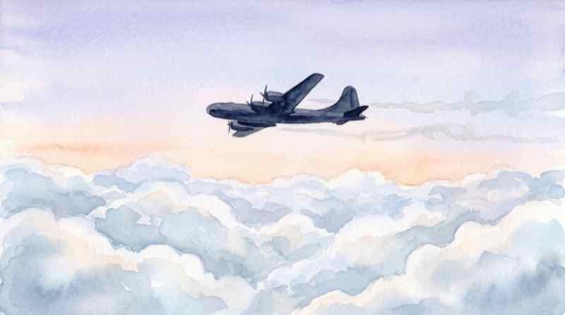 B29爆撃機が小倉上空の雲を見下ろすイラスト
