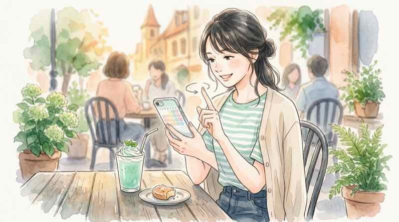 クッキー＆チョコミントフラッペの発売日を確認する女性