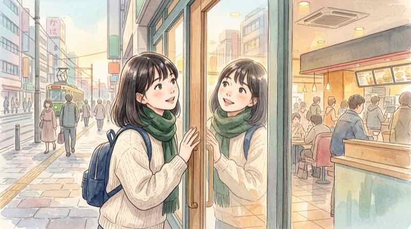マクドナルド店舗の前で店内を見渡す女性