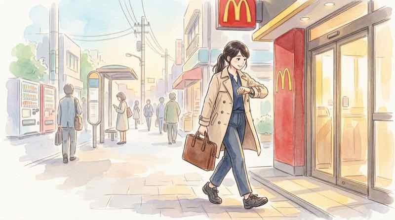 朝の時間帯にマクドナルドへ向かう女性