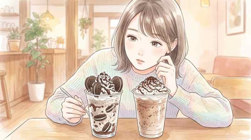 2024年と2026年のフラッペを見比べる女性