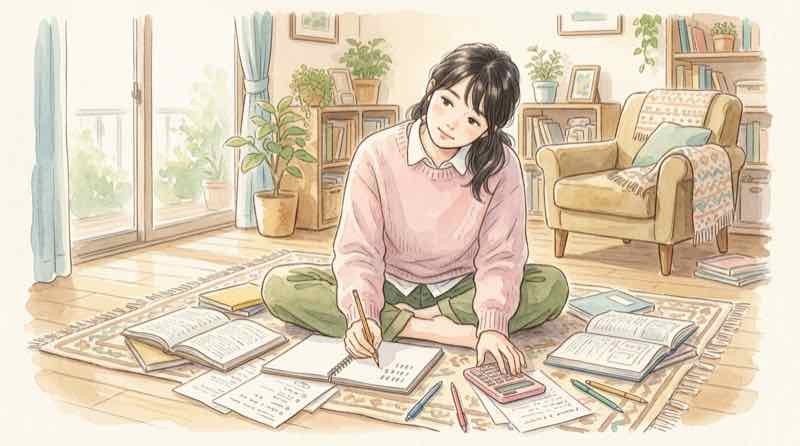 電卓とノートで医療費の自己負担額を計算する女性