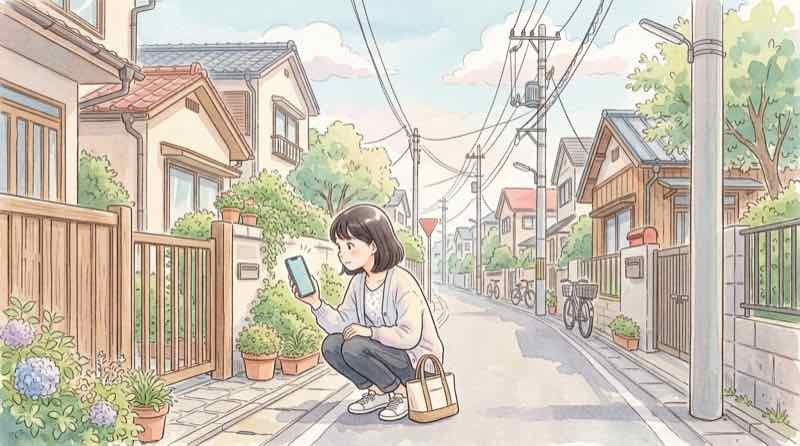 自宅や通勤路の電波状況をスマホで確認する女性のイメージ