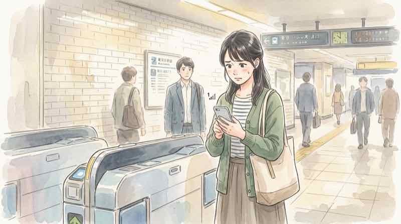 圏外表示になったスマートフォンを見て困る女性のイメージ