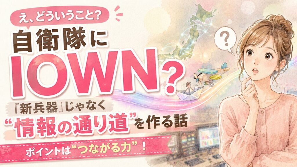 自衛隊IOWN導入のニュースを見て仕組みを調べる女性の水彩イラスト