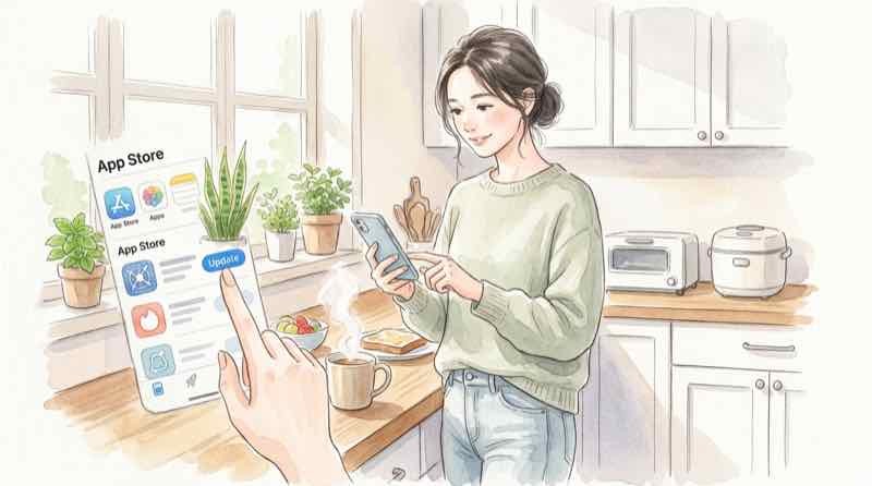 スマホのアップデート画面を確認する女性のイラスト