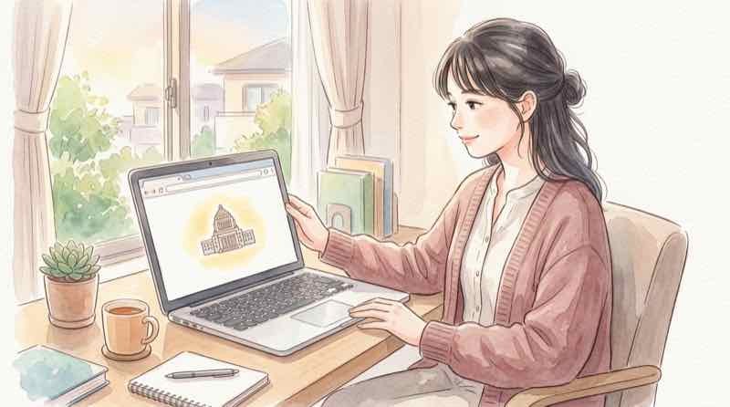 マイナポータルのWebサイトをブラウザで開く女性のイラスト