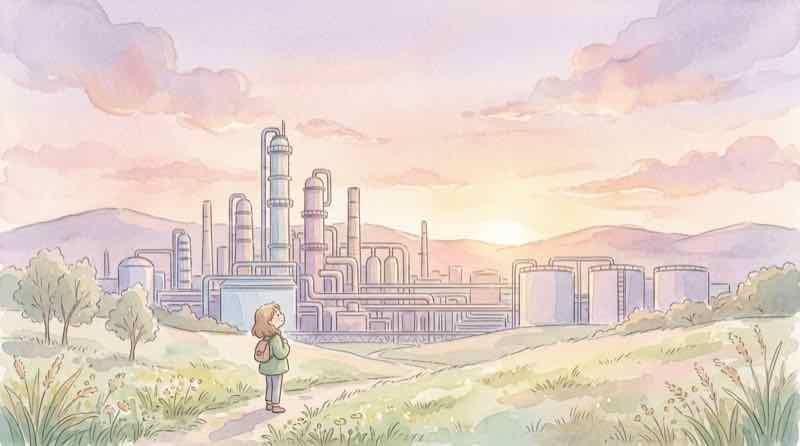 ナフサとガソリンの違いを説明する石油精製施設のイメージ