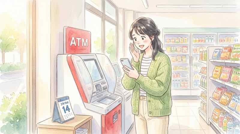 年金8月14日何時に振り込まれるか確認するちこと通帳のイラスト