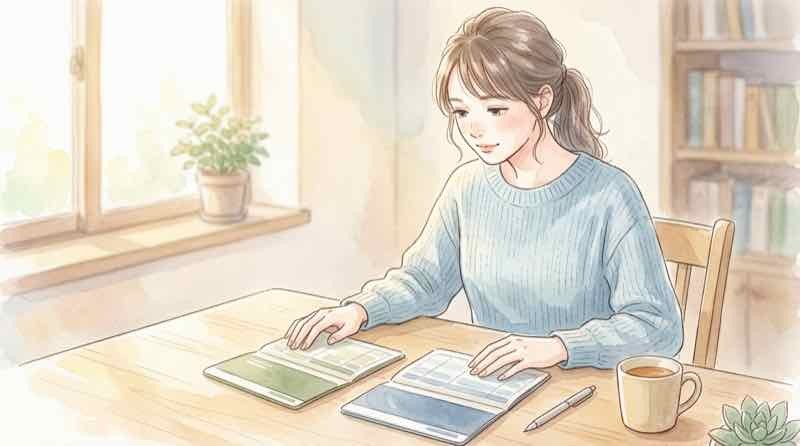 年金の振込額を毎回見比べる女性のイラスト