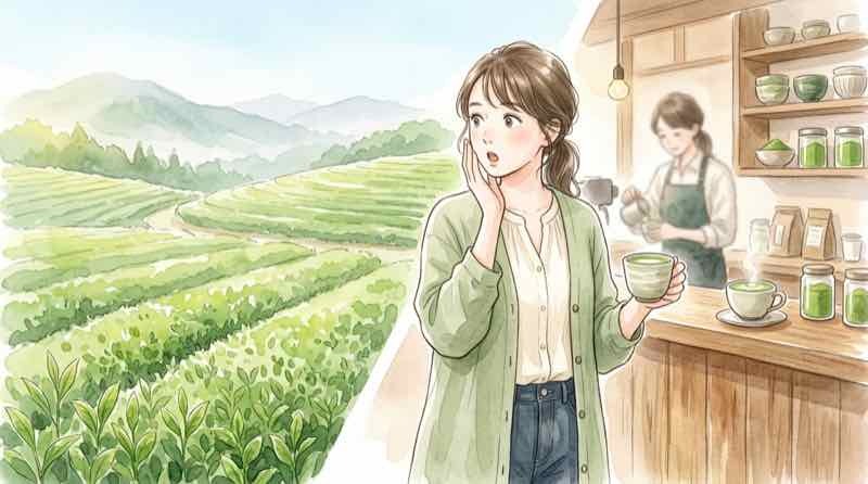 日本 茶畑 消える現状を象徴する緑茶畑と抹茶ラテのコントラスト風景