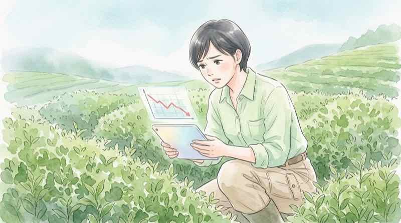 茶畑 減少を示す統計グラフと荒れ始めた茶園を見比べる女性