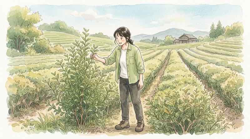 茶の木 高齢化した老木の茶畑を見つめる驚いた表情の女性