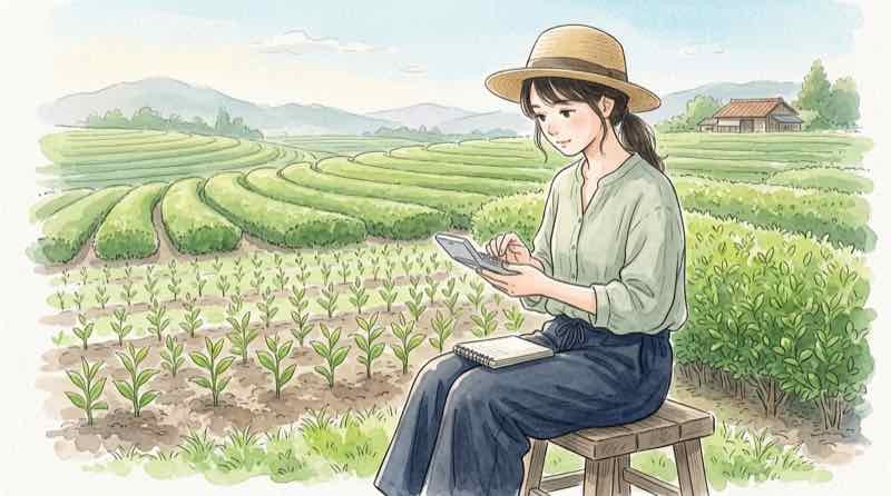 茶の木 寿命と改植の電卓を手に試算する女性の様子