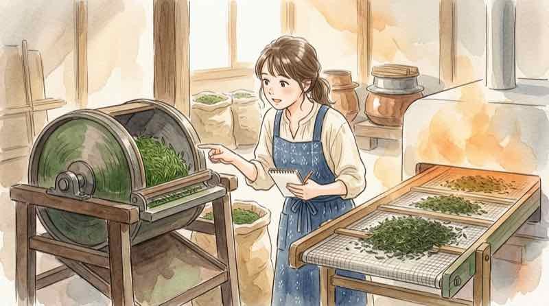 煎茶 てん茶の加工設備の違いを見比べる茶農家の様子
