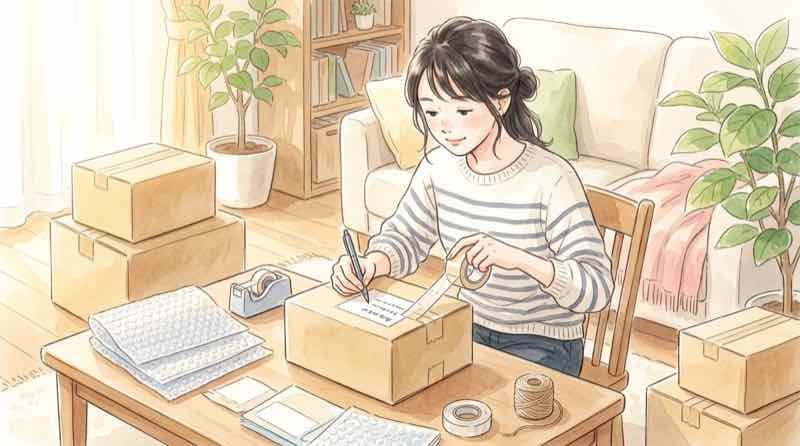 フリマの荷物を発送する準備をする女性