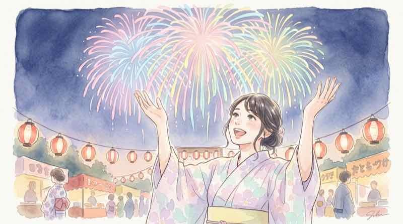 大曲の花火2026の夜空に上がる特大スターマインを見上げる女性たち