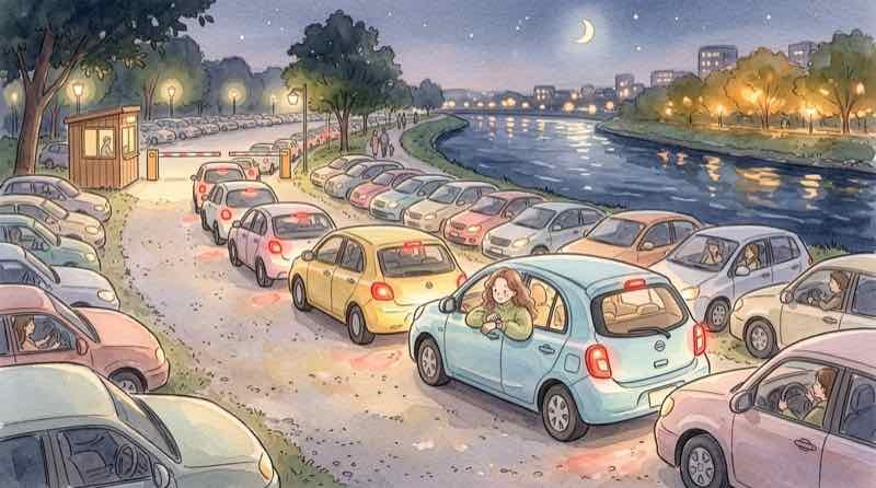 大曲の花火2026の駐車場から出庫を待つ車の列