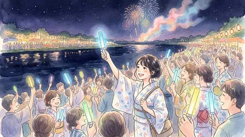 大曲の花火2026のフィナーレでペンライトを振る観客たち