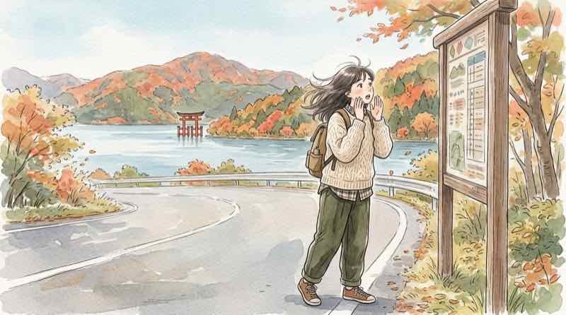 俺たちの箱根駅伝のロケ地となった芦ノ湖のほとりで、駅伝コースの標識を見上げて驚く女性のイラスト