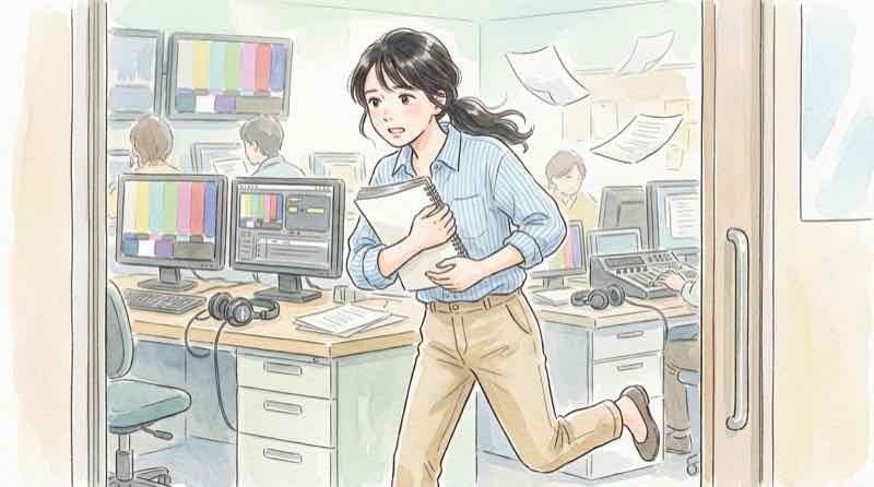 俺たちの箱根駅伝のドラマ紹介として、テレビ中継のスタッフルームで台本を抱えて駆け出す女性のイラスト