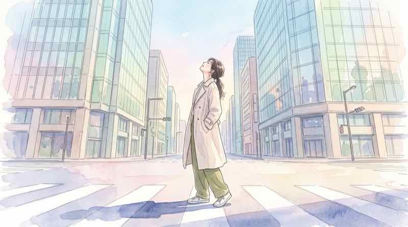 箱根駅伝のスタート地点である大手町のオフィス街を、早朝の静けさの中で見上げる女性のイラスト