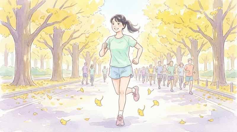 昭和記念公園の並木道を、大勢のランナーの背中を追いかけるように走り抜ける女性のイラスト