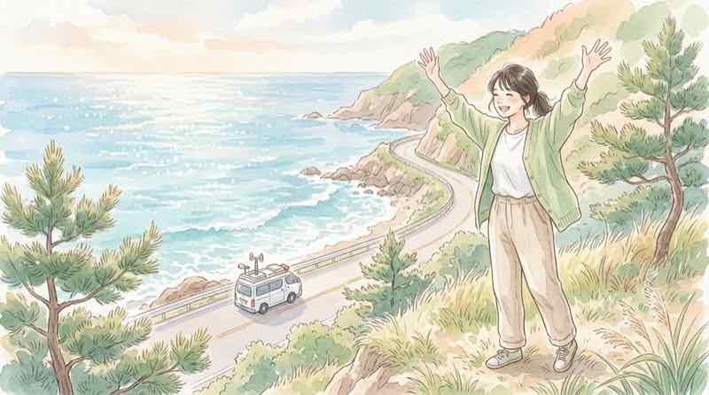 小田原の海沿いを走る中継車を、坂の上から手を振りながら見送る女性のイラスト