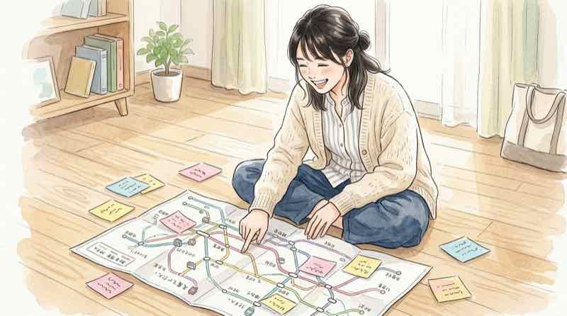 ロケ地巡りの計画を立てるために路線図を広げて、指でルートをたどりながら笑う女性のイラスト