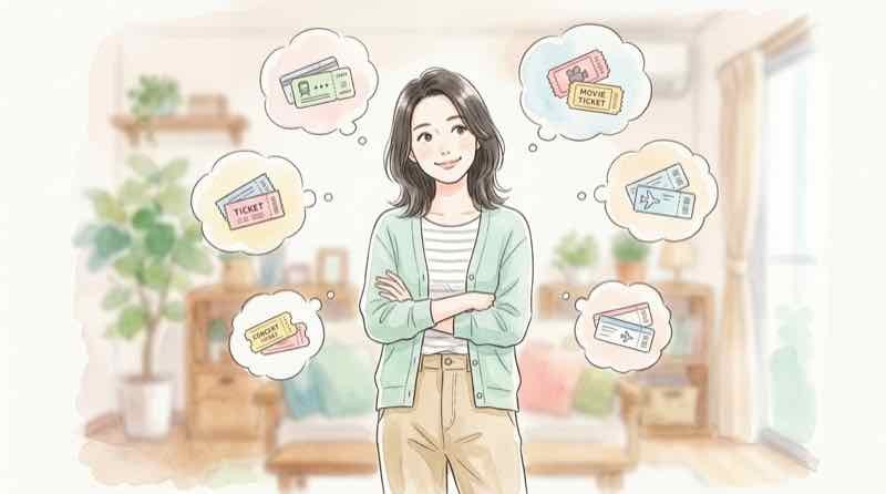 オルセー美術館展2026のチケットをどれにするか悩む女性のイラスト