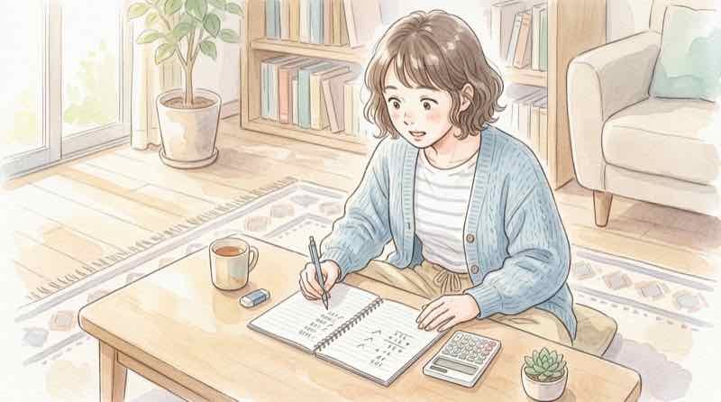 電卓でオルセー美術館展2026のチケット料金を計算してみた女性のイラスト