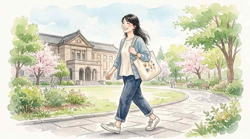 美術館へのお出かけに似合うバッグを選ぶ女性のイラスト