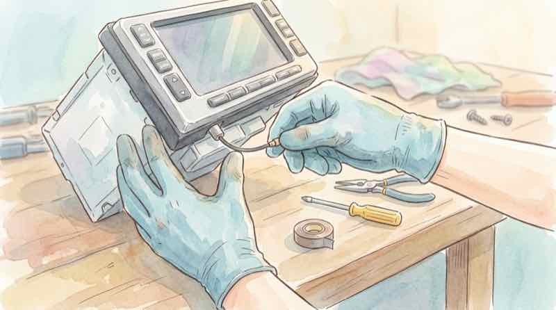 カーナビのアンテナを撤去して受信設備を無効化する対策を検討する様子
