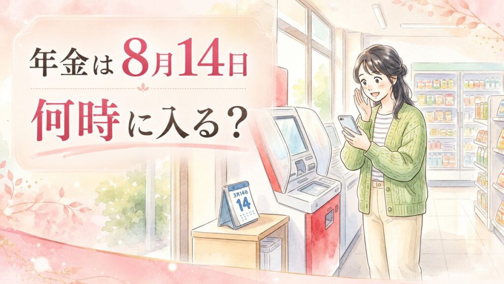 年金8月14日何時に振り込まれるか確認するちこと通帳のイラスト