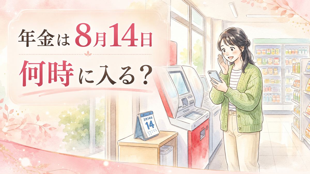 年金8月14日何時に振り込まれるか確認するちこと通帳のイラスト