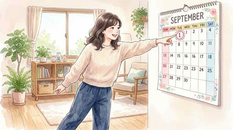 生活道路30km/h施行日9月1日を指差し確認する女性