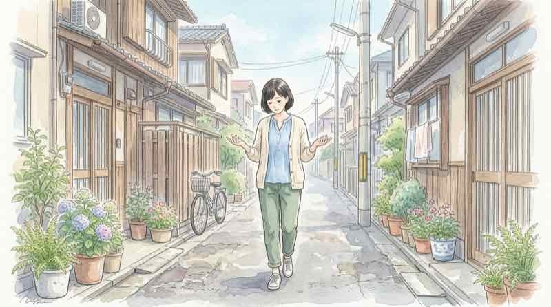 生活道路30km対象道路の中央線がない住宅街を歩く女性