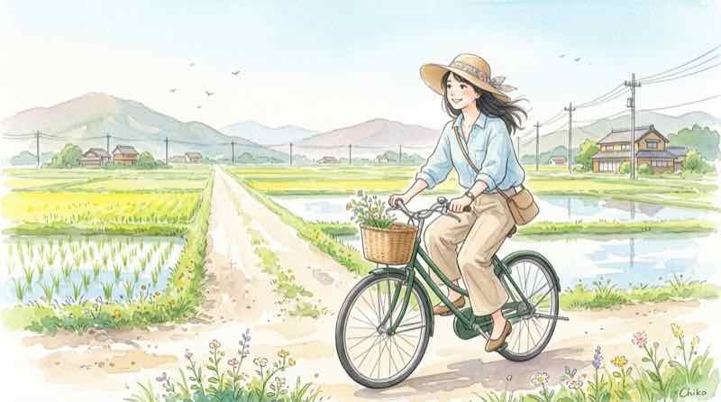 生活道路30km対象道路の農道を歩く女性と自転車