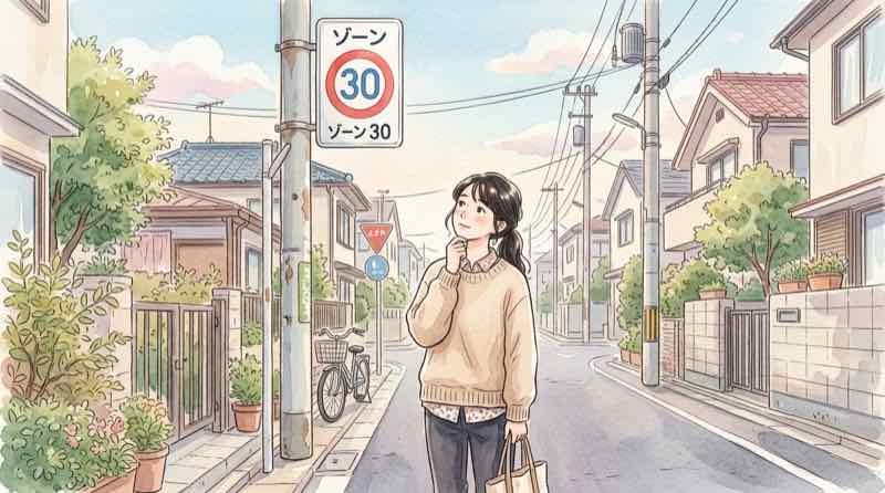 生活道路30km対象道路のゾーン30標識を見上げる女性