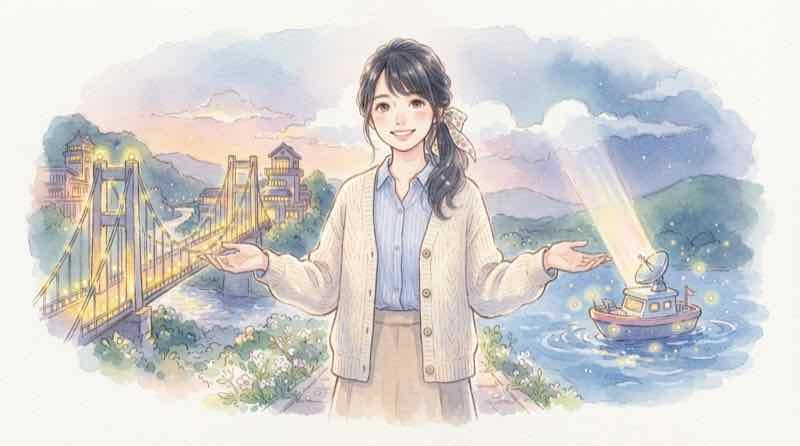 自衛隊が使う固定回線のIOWNと移動体向けの衛星通信を対比した水彩イラスト