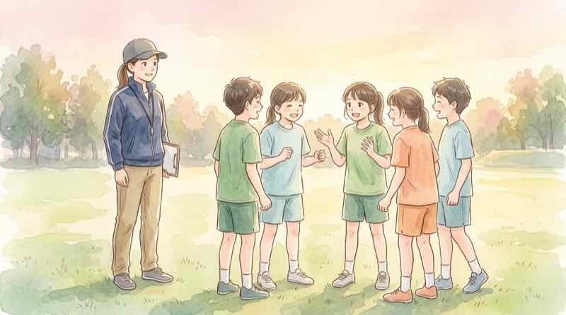 原晋 人材育成の象徴、選手に語りかける監督と選手たちのイラスト