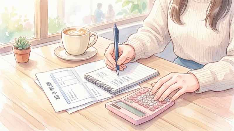 日本と米国の年収差を示す給与明細の書類とコーヒーカップ